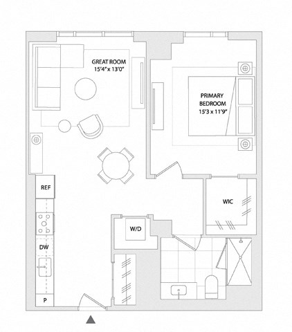 Floor plan for 1 bed, 1 bath, 729 sqft